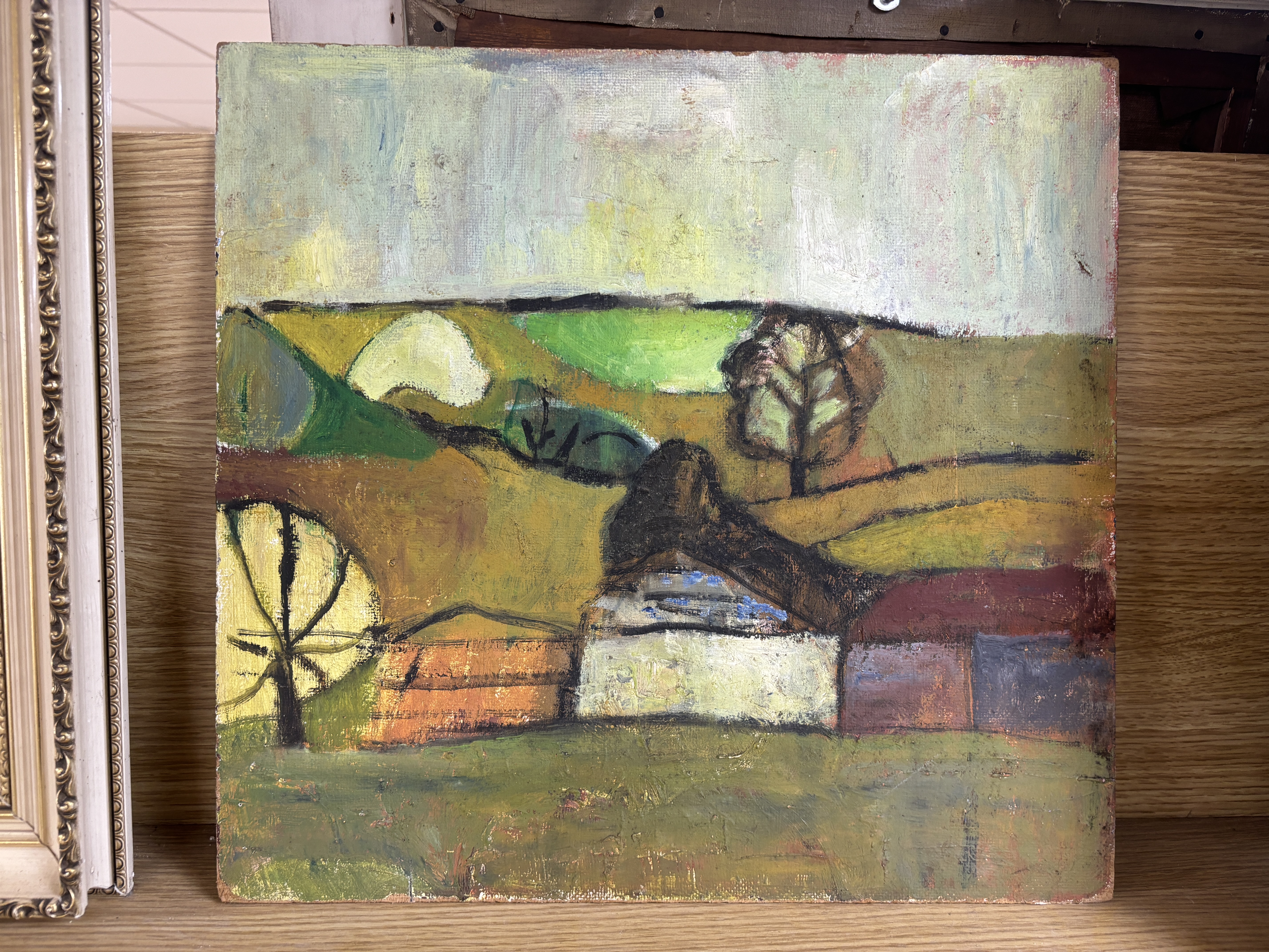 Abstract oil on canvas board, ‘Ashton Vale Bristol’, unsigned, inscribed verso, 38 x 39cm, unframed